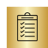 A gold colored background with a black and white icon of a clipboard.
