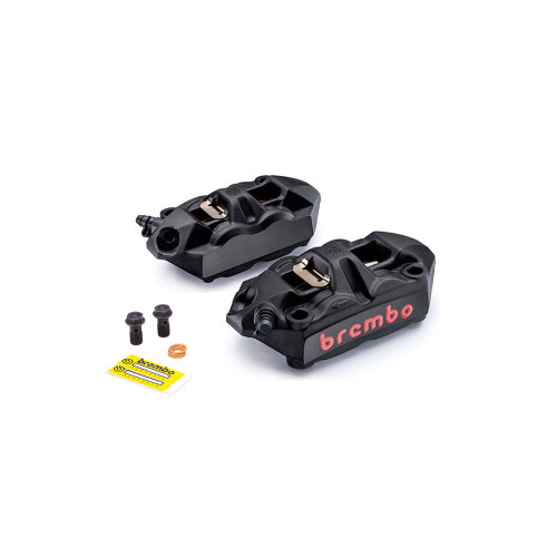 A pair of black brake calipers with red lettering.