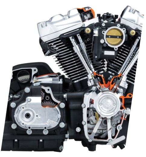 A close up of the engine and transmission on a motorcycle.