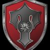 A red and black shield with a silver cross on it